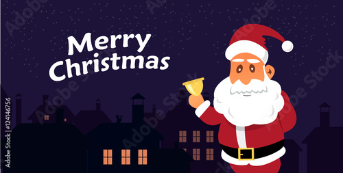 Vector Illustration of Santa Claus in front of the City. Merry Christmas banner. Flat style design.
