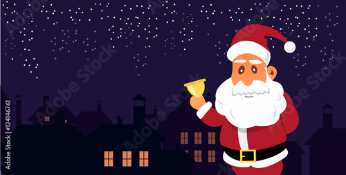 Vector Illustration of Santa Claus in front of the City. Merry Christmas banner. Flat style design.