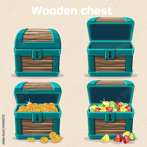 Opened and closed antique treasure chest. Vector illustration.