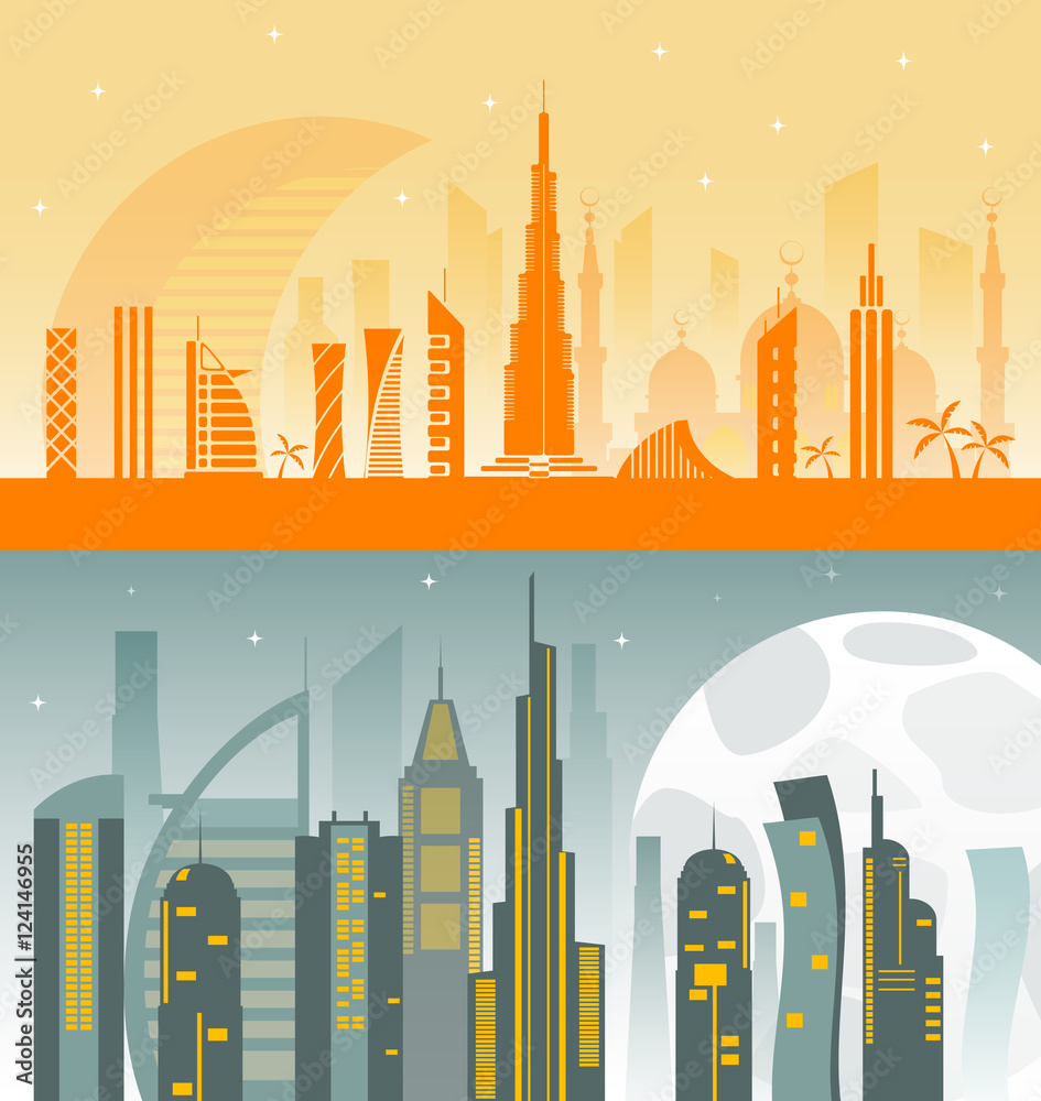 Dubai City skyline detailed silhouette