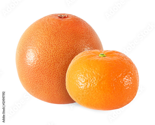 whole grapefruit and tangerine fruits isolated on white background with clipping path