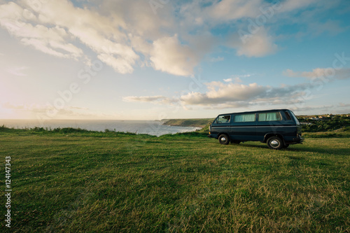 Old vintage van parking at the coastline of Cornwall, England