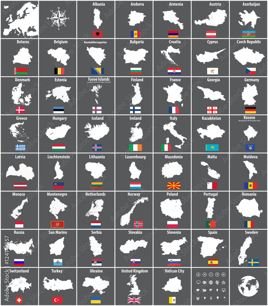 Fototapeta premium all European vector countries maps with flags
