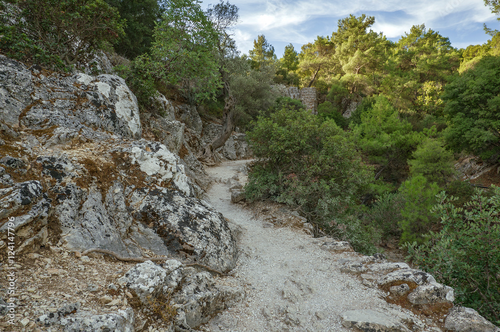 Rhodes Island, Greece. Road to the Seven Springs (Epta Piges). The seven bubbling springs generate water, culminating in a small lake that provides habitat to tortoises, eels, crabs and fish. Rhodes Island, Greece. Road to the Seven Springs (Epta Piges). The seven bubbling springs generate water, culminating in a small lake that provides habitat to tortoises, eels, crabs and fish.