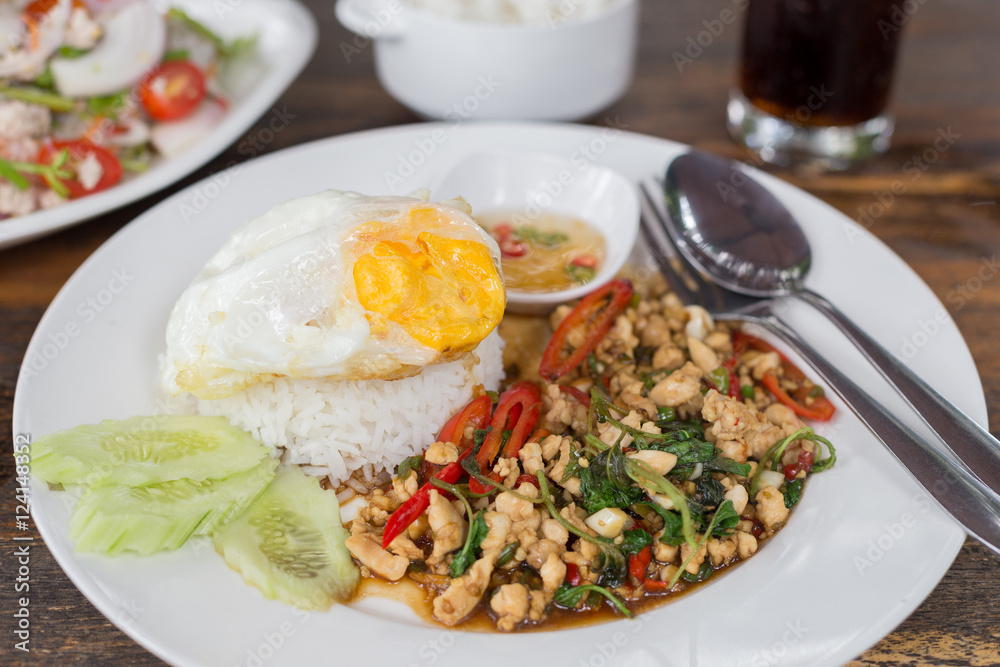 Close up Rice topped with stir fried minced pork and basil. Close up Rice topped with stir fried minced pork and basil.