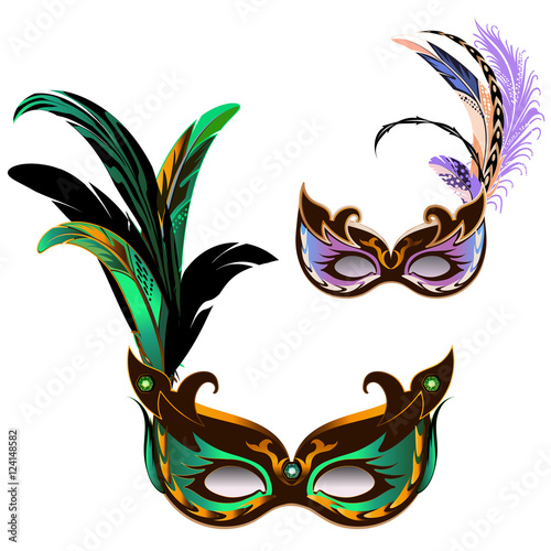 Set of carnival mask with feathers isolated on white background. Green and violet mask.