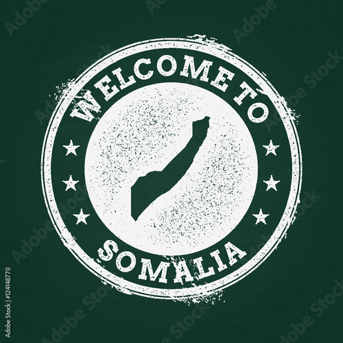 White chalk texture retro stamp with Federal Republic of Somalia map on a green blackboard. Grunge rubber seal with country outlines, vector illustration.