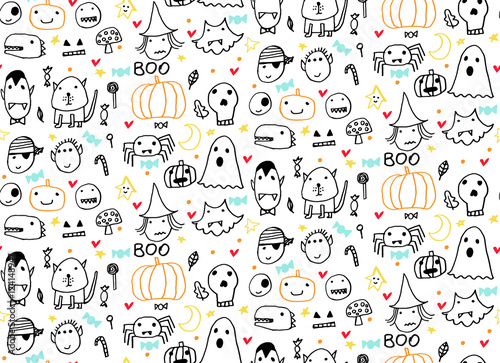 Seamless Halloween pattern for card, flayer, banner, poster templates. Hand drawn traditional symbols, cute design elements, handwritten ink lettering.Children's style.