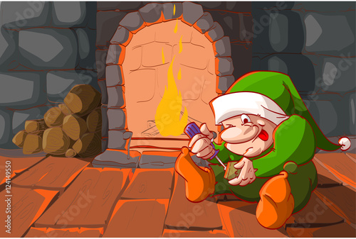 Colorful vector illustration of a cristmas elf, building toys with a screwdriver, infront of the warm fireplace.