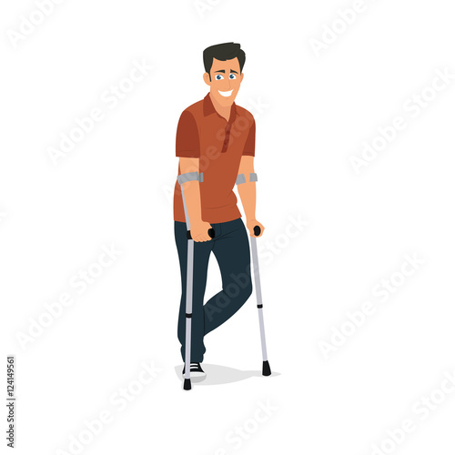 man on crutches isolated on white background.