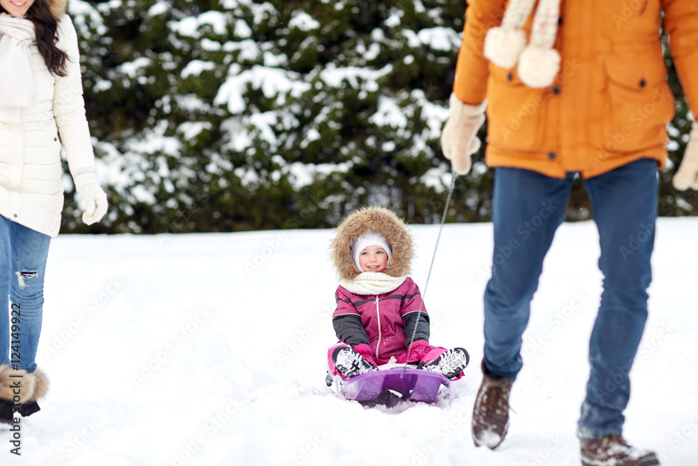 Obraz premium happy family with sled walking in winter forest