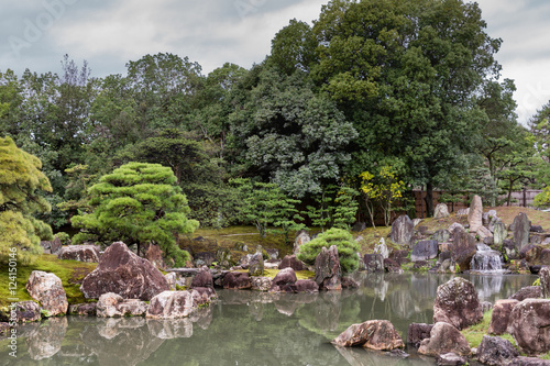 Kyoto, Japan - September 19, 2016: View on part of the garden of Ninomaru Palace at Nijo Castle. Pond, rocks, trees. photo