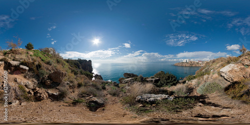 360 degree spherical panorama from Turkey, Antalya (Lara region). Park Falez. Landscape with sea, mountains, trees, rocks and the city in the background.
