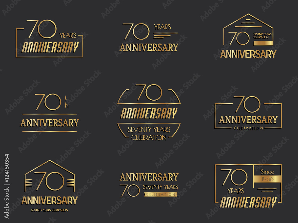 Seventy years anniversary celebration logotype. 70th anniversary logo set.