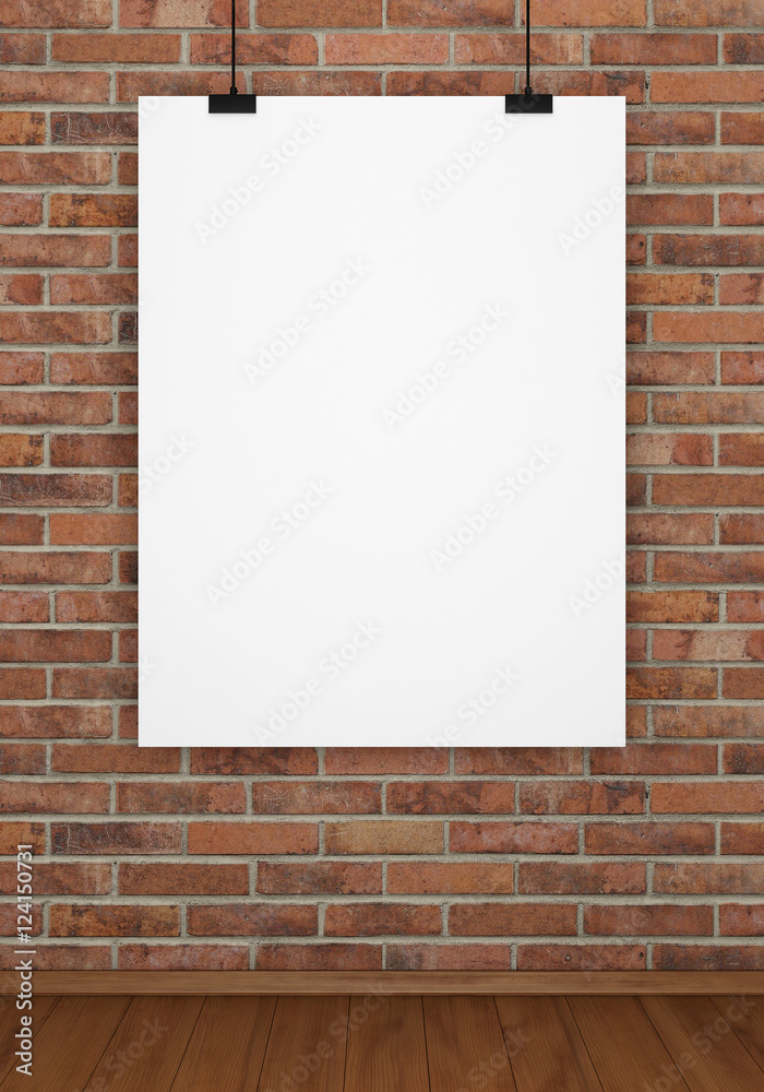 White canvas hanging on brick wall background. 3D rendering White canvas hanging on brick wall background. 3D rendering