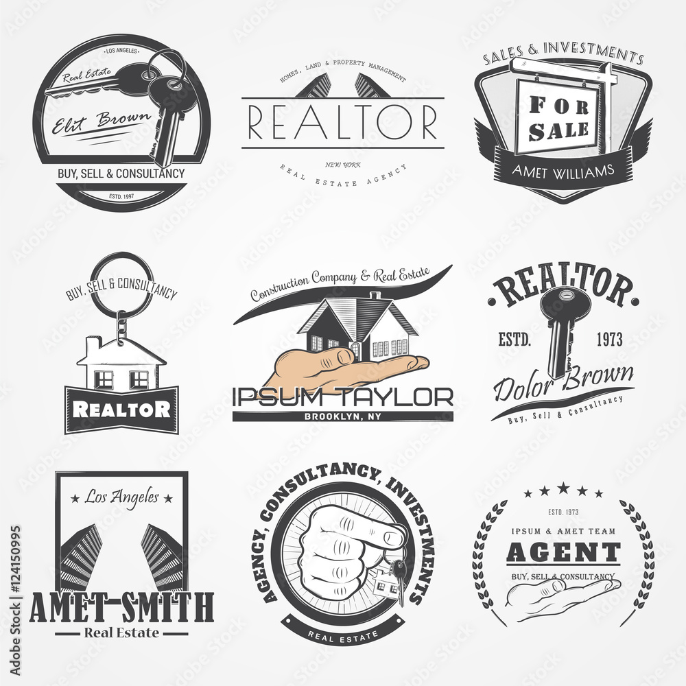 Real estate agency set. Buy, Sell and Consultancy. Detailed elements. Old retro vintage grunge. Scratched, damaged, dirty effect. Typographic labels, stickers, logos and badges.