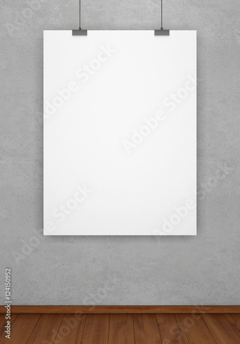 White canvas hanging on concrete wall background. 3D rendering