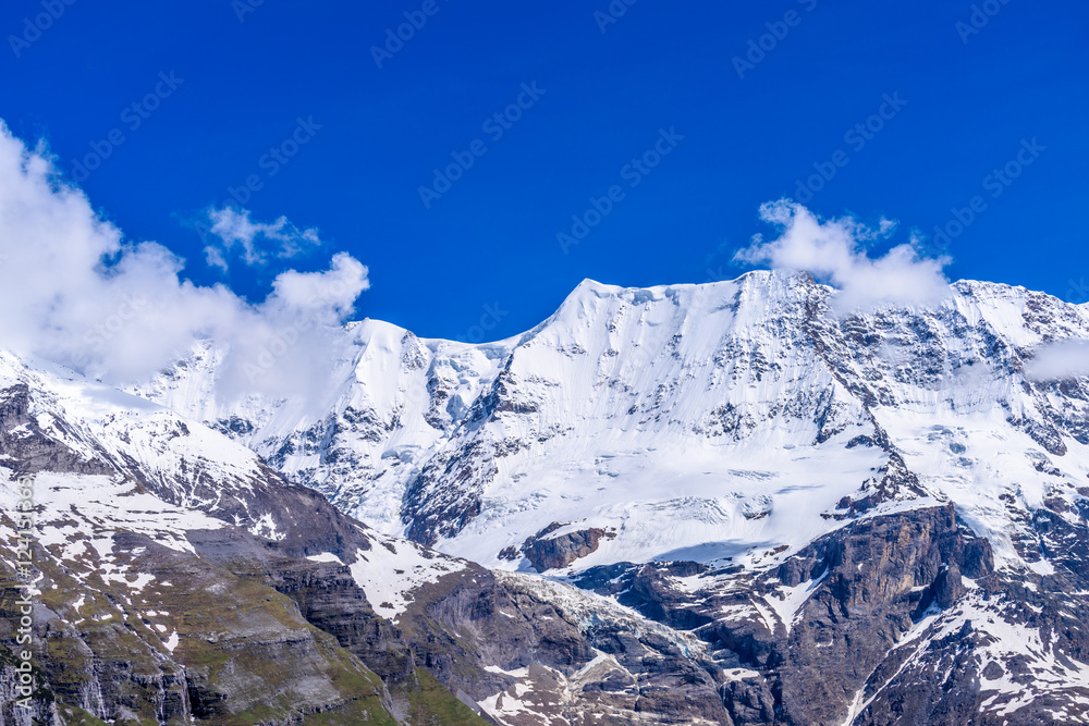The Tops of Swiss Alps at Murren, Switzerland. Jungfrau Region. The valley of Lauterbrunnen from Interlaken.