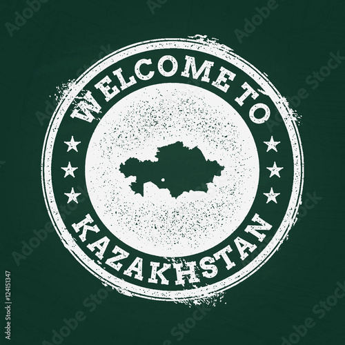 White chalk texture retro stamp with Republic of Kazakhstan map on a green blackboard. Grunge rubber seal with country outlines, vector illustration.