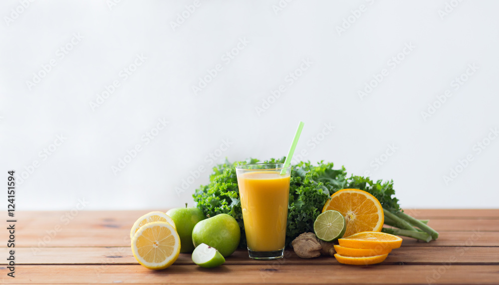 Fototapeta premium glass of orange juice, fruits and vegetables