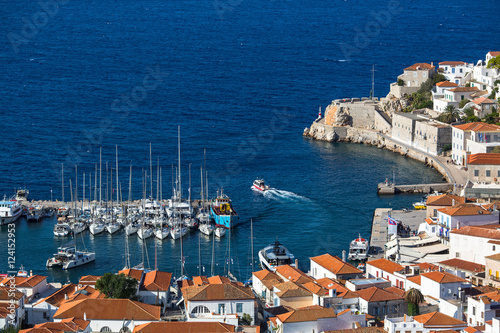 Top view of the yacht Marina of Hydra island, Greece.