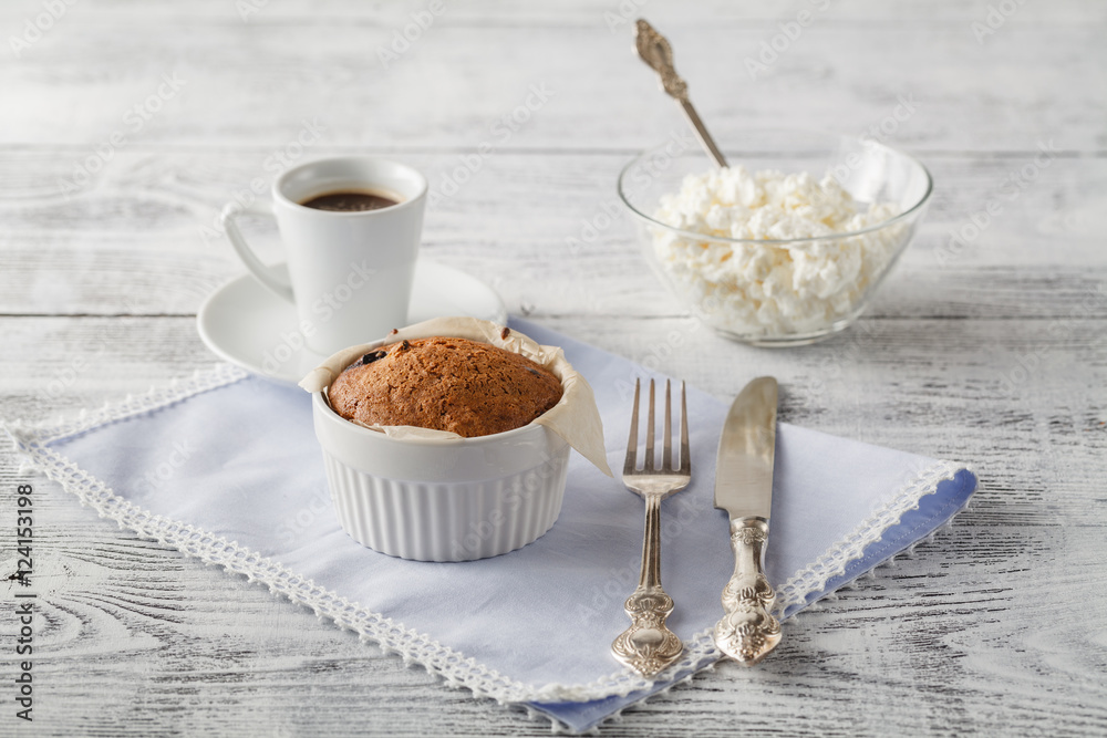 The Coffee and the Cake on the Old Wooden Table. Summertime Outd The Coffee and the Cake on the Old Wooden Table. Summertime Outd