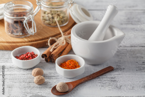 Ceramic Mortar with Pestle and fresh spices