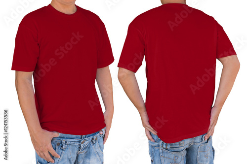 Man wearing blank Carmine red t-shirt with clipping path, front