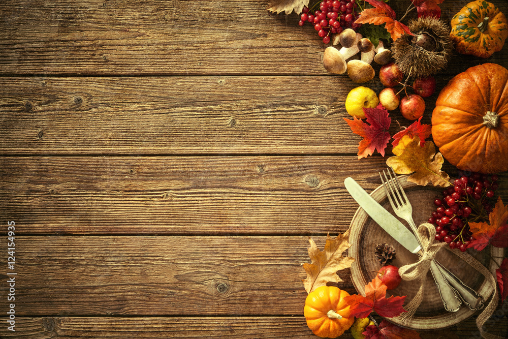 Autumn background from fallen leaves and fruits with vintage pla - obrazy, fototapety, plakaty 
