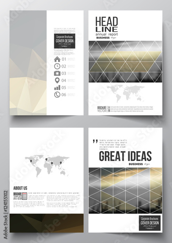 Set of business templates for brochure, magazine, flyer, booklet or annual report. Colorful polygonal background with blurred image, seaport landscape, modern stylish triangular vector texture