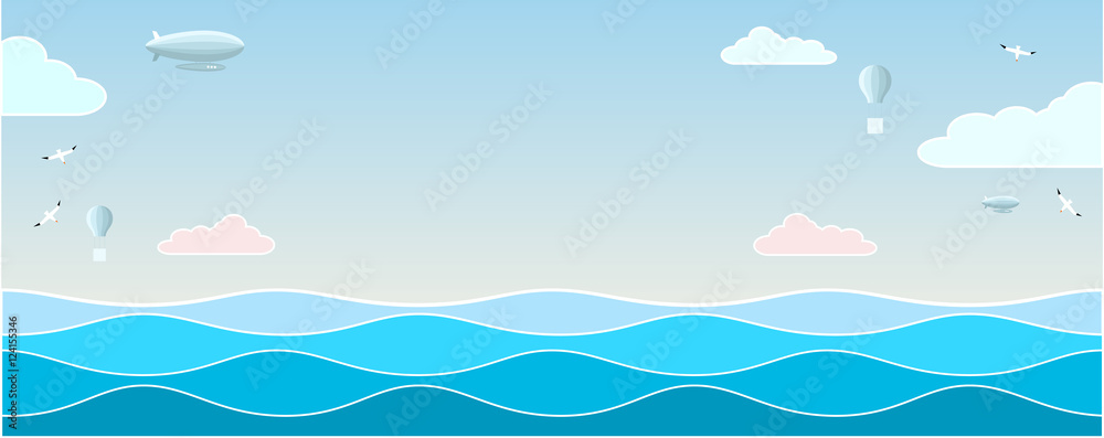 Landscape with the waves of the sea, sky and clouds. Vector graphics.
