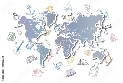 World map with different doodles about travel, education and science.