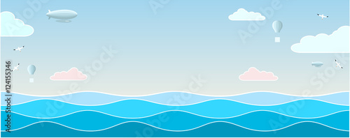 Landscape with the waves of the sea, sky and clouds. Vector graphics.