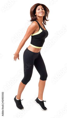 Young hispanic fitness exercising woman isolated on white background
