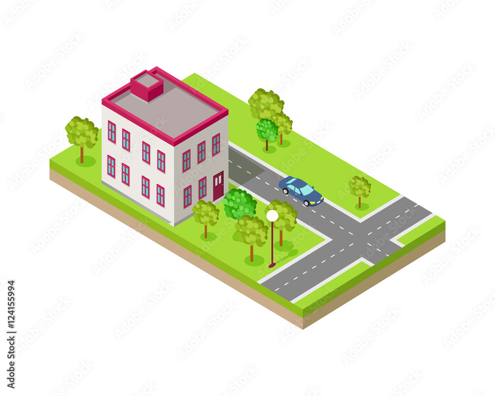 Isometric Icon of Two Storey House Near Road