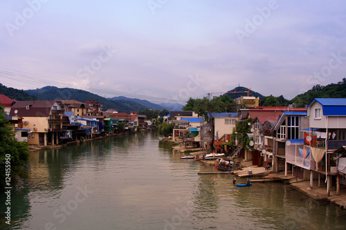 River village with mountain landscape