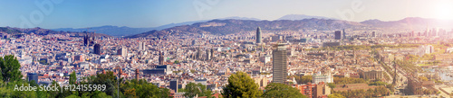 Panoramic Cityscape of the whole city of Barcelona from the Montjuic mountain. Aerial view. Spain.