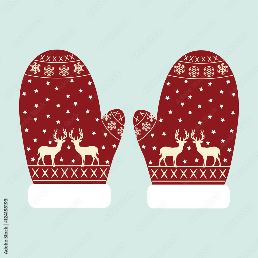 Christmas gloves reindeers isolated on blue colour background Christmas gloves reindeers isolated on blue colour background