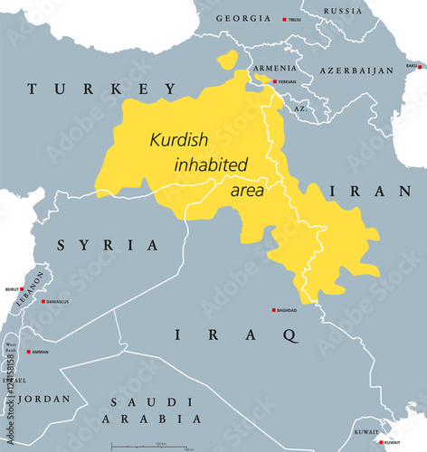 Kurdish-inhabited area political map. Kurdish lands, also Kurdistan. Cultural region wherein Kurdish people form a prominent majority. Parts of Turkey, Syria, Iraq, Iran and Armenia. English labeling.