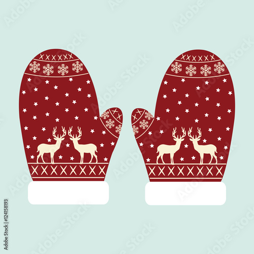 Christmas gloves reindeers isolated on blue colour background
