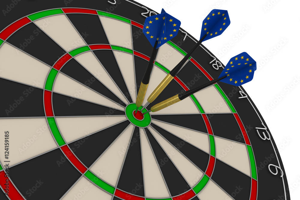 Dart Board with Three EU Flag Darts in Bullseye 3D Illustration Dart Board with Three EU Flag Darts in Bullseye 3D Illustration
