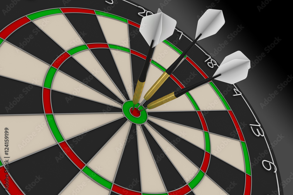 Dart Board with Three White Darts in Bullseye 3D Illustration Dart Board with Three White Darts in Bullseye 3D Illustration