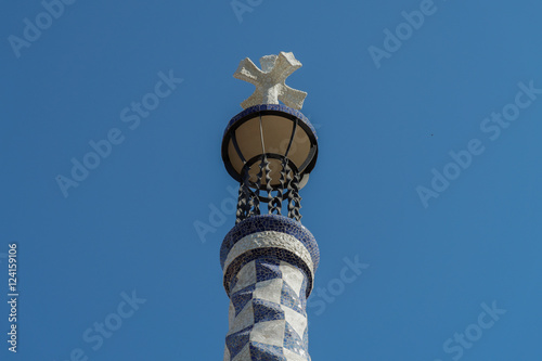 Barcelona, Spain Park Guell Gaudi Laie building rooftop. The roooftop of the house for the gatetkeeper at the entrance of the park. 