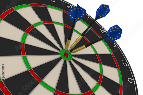 Dart Board with Three EU Flag Darts in Bullseye 3D Illustration