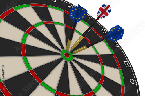 Dart Board with EU and UK Flag Darts in Bullseye 3D Illustration