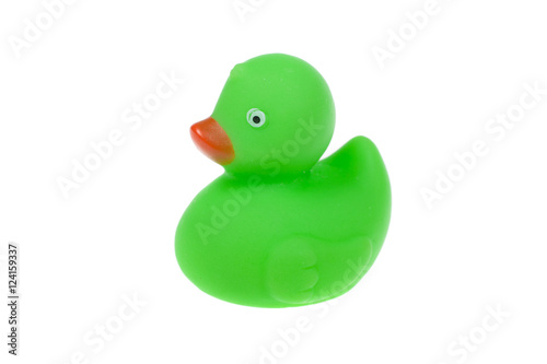 Cute green rubber duck, isolated on white