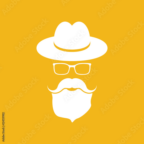 white hat with mustache, beard and glasses isolated on a yellow