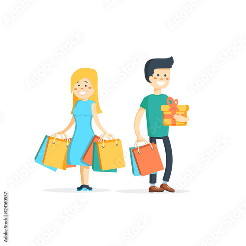 Happy family couple with shopping.