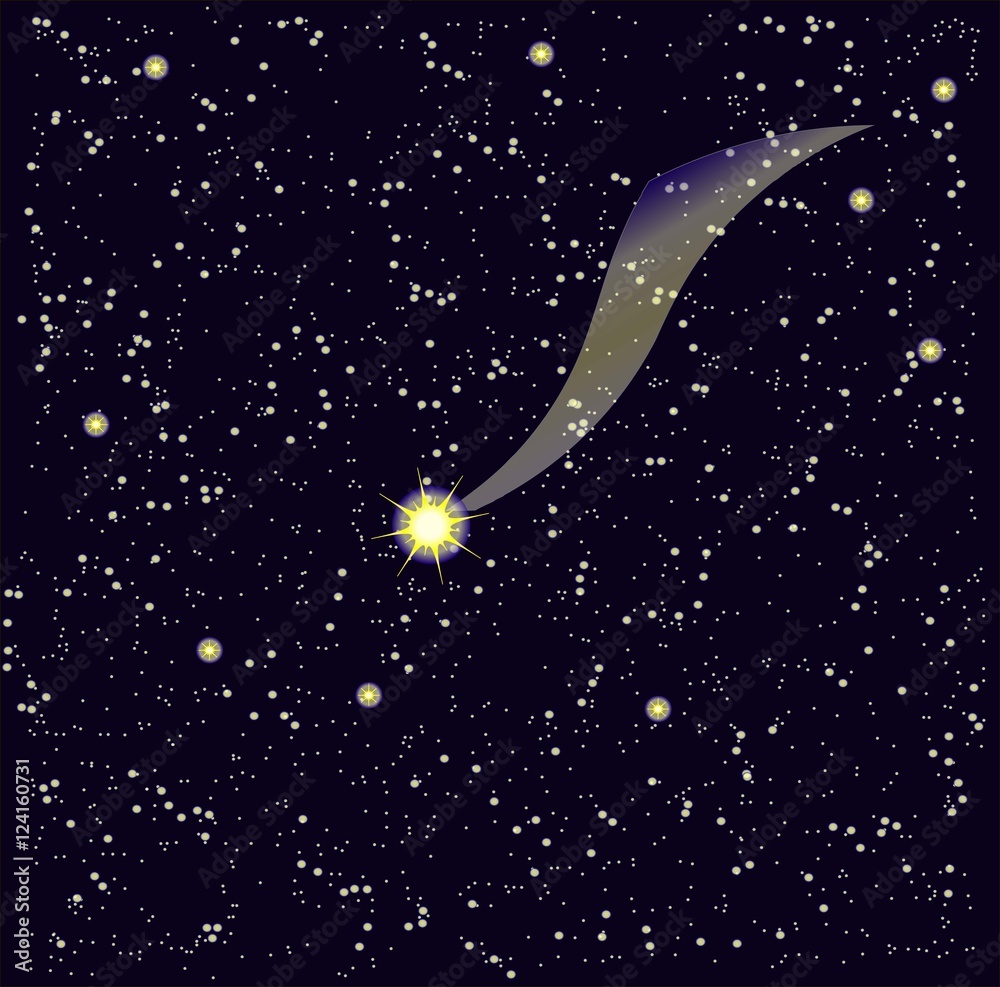 Naklejka premium Star fall, dark blue starry night sky, yellow stars, vector illustration