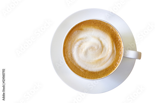 Foto Top view of hot coffee cappuccino cup with milk foam isolated on white background, clipping path included